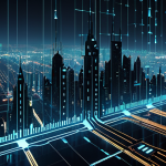 **Cybersecurity Threat:** A digital cityscape with AI networks glowing, under attack by shadowy figures representing hackers. Emphasize a sense of vulnerability and the interconnectedness of AI systems. Include Arabic script subtly woven into the background code.