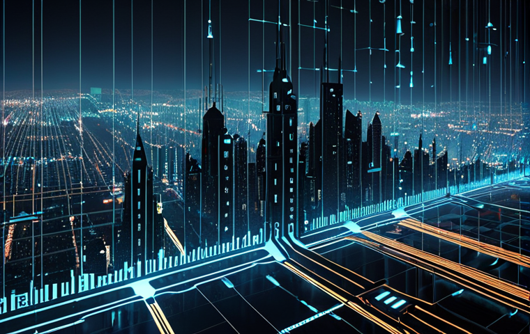 **Cybersecurity Threat:** A digital cityscape with AI networks glowing, under attack by shadowy figures representing hackers. Emphasize a sense of vulnerability and the interconnectedness of AI systems. Include Arabic script subtly woven into the background code.