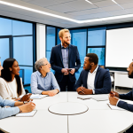 A diverse group of adult professionals, including an environmental engineer, a seasoned farmer, a young technology specialist, and a community coordinator, are gathered around a large circular table in a brightly lit, modern collaborative workspace. They are fully clothed in modest business casual attire, actively engaged in a brainstorming session, with some pointing at a digital display showing interconnected ideas. The scene emphasizes positive interaction and the synergy of different perspectives. Perfect anatomy, correct proportions, natural pose, well-formed hands, proper finger count, natural body proportions. Safe for work, appropriate content, fully clothed, professional, high-quality professional photography, natural light.