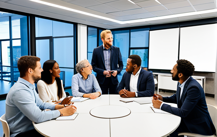 A diverse group of adult professionals, including an environmental engineer, a seasoned farmer, a young technology specialist, and a community coordinator, are gathered around a large circular table in a brightly lit, modern collaborative workspace. They are fully clothed in modest business casual attire, actively engaged in a brainstorming session, with some pointing at a digital display showing interconnected ideas. The scene emphasizes positive interaction and the synergy of different perspectives. Perfect anatomy, correct proportions, natural pose, well-formed hands, proper finger count, natural body proportions. Safe for work, appropriate content, fully clothed, professional, high-quality professional photography, natural light.