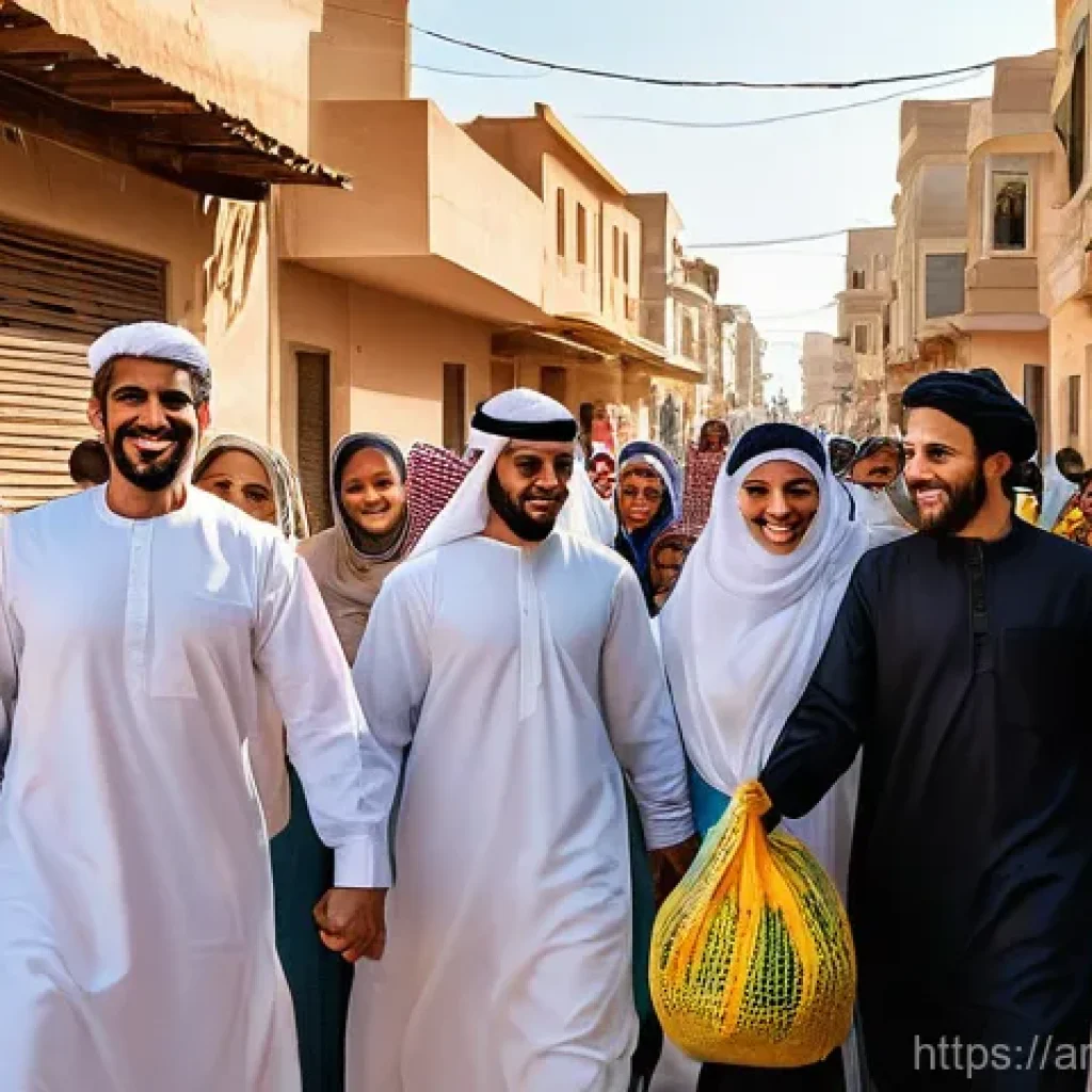 집단지성을 활용한 위기 관리 전략 - **Prompt:** A heartwarming scene in a bustling, vibrant neighborhood in an Arab city. Diverse commun...