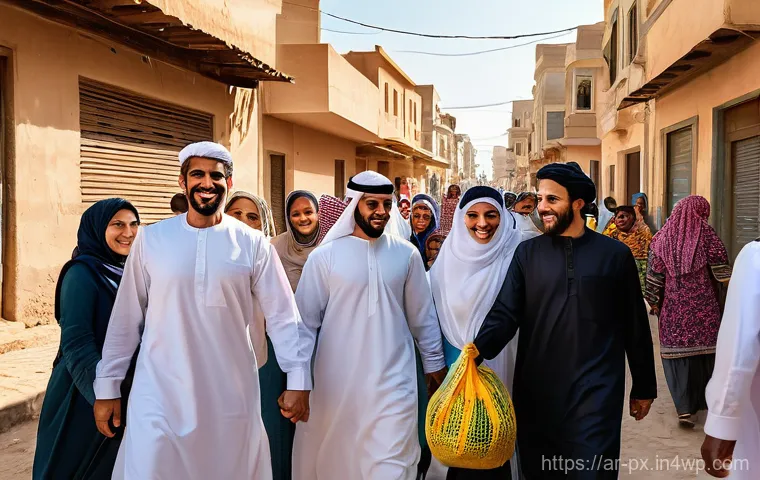 집단지성을 활용한 위기 관리 전략 - **Prompt:** A heartwarming scene in a bustling, vibrant neighborhood in an Arab city. Diverse commun...