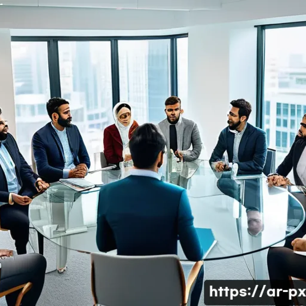 집단지성을 통해 이루는 사회 변화 - A diverse group of Arabic-speaking professionals and community members in a modern meeting room, eng...