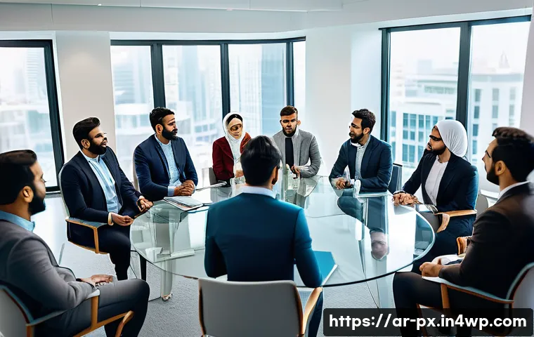 집단지성을 통해 이루는 사회 변화 - A diverse group of Arabic-speaking professionals and community members in a modern meeting room, eng...