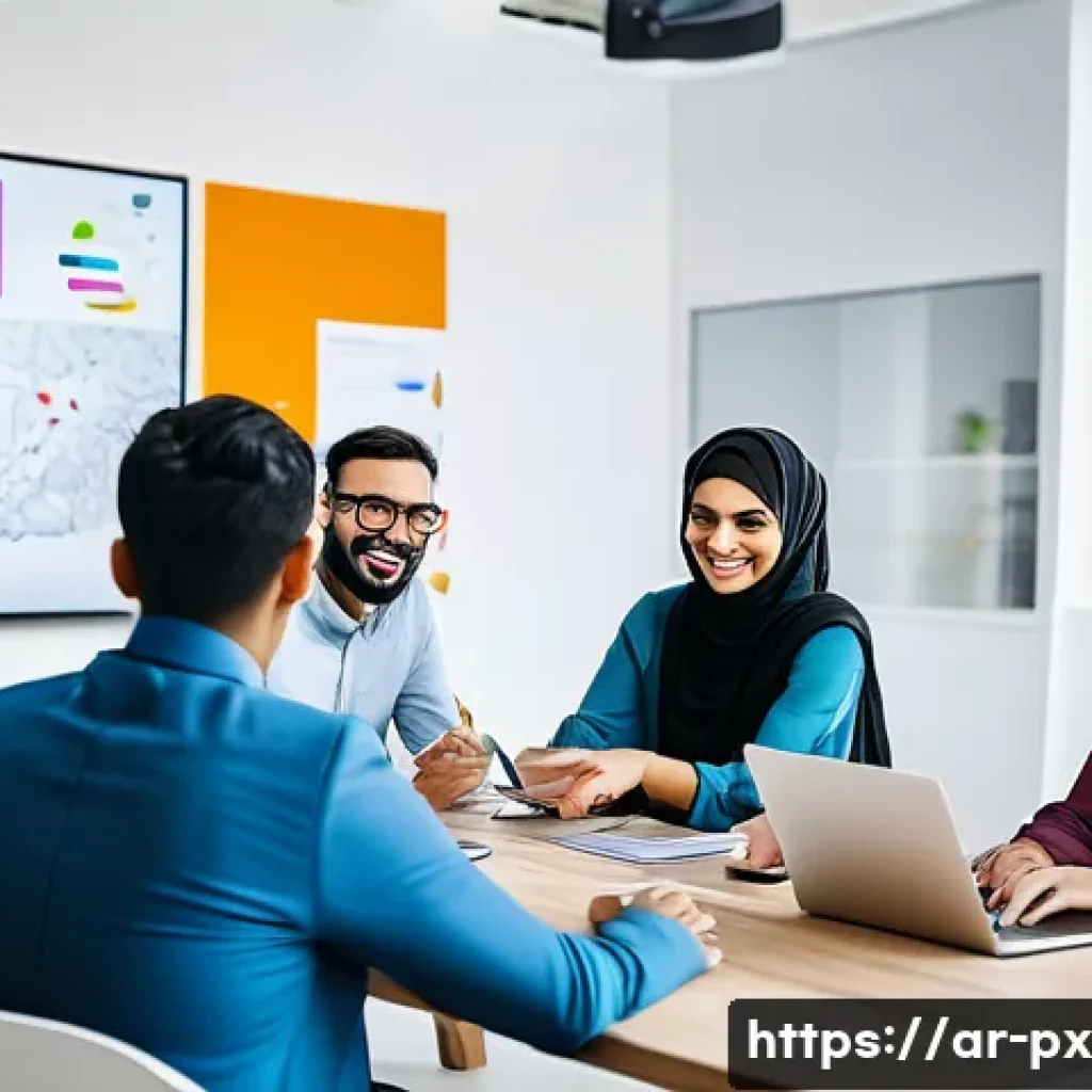 효과적인 집단지성 활동을 위한 팁 - A diverse group of Arabic-speaking professionals collaborating in a modern coworking space, seated a...