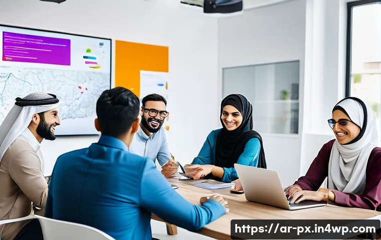 효과적인 집단지성 활동을 위한 팁 - A diverse group of Arabic-speaking professionals collaborating in a modern coworking space, seated a...