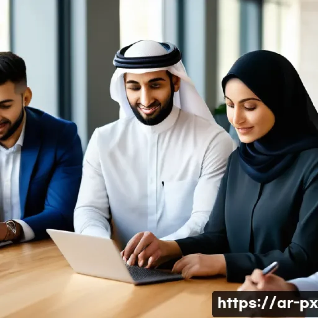 집단지성의 활용 기법 - A diverse group of Arab professionals collaborating in a modern office setting, actively engaged in ...