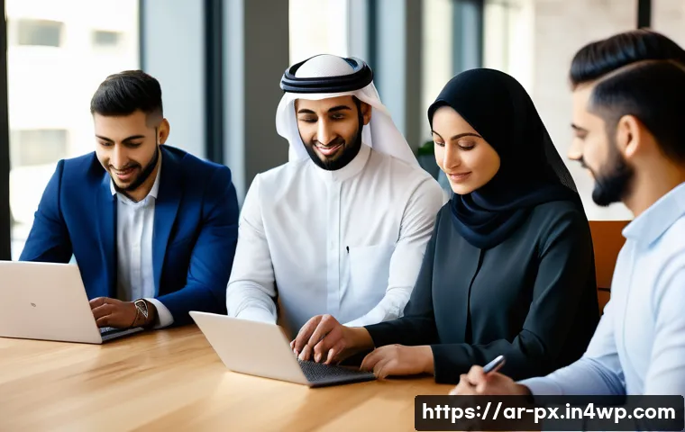 집단지성의 활용 기법 - A diverse group of Arab professionals collaborating in a modern office setting, actively engaged in ...