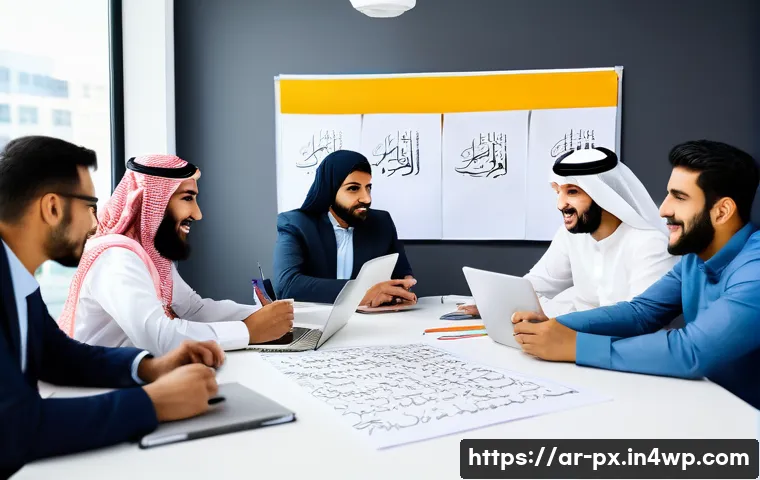 집단지성을 활용한 디자인 사고 - A diverse team of Middle Eastern professionals engaged in a collaborative brainstorming session in a...