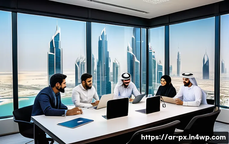 집단지성의 실제 적용 사례 분석 - A diverse group of Arabic professionals engaged in a dynamic brainstorming workshop inside a modern ...