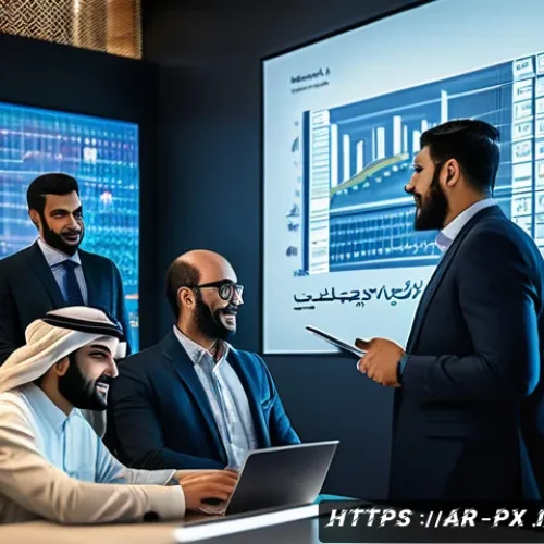 Home 33 집단지성의 온라인 플랫폼 분석 - A vibrant digital workspace scene showing a diverse group of Arab professionals collaborating remote...