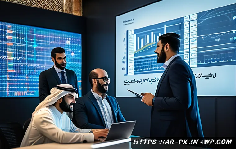 집단지성의 온라인 플랫폼 분석 - A vibrant digital workspace scene showing a diverse group of Arab professionals collaborating remote...