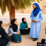 Home 23 집단지성으로 해결하는 환경 문제 - A vibrant community gathering in a traditional Middle Eastern village setting, featuring diverse men...