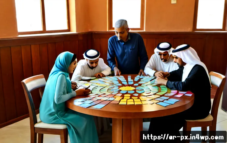 Home 17 집단지성의 실제적 기법과 사례 - Photorealistic community problem-solving workshop in a modern Arab city library, diverse Arab adults...